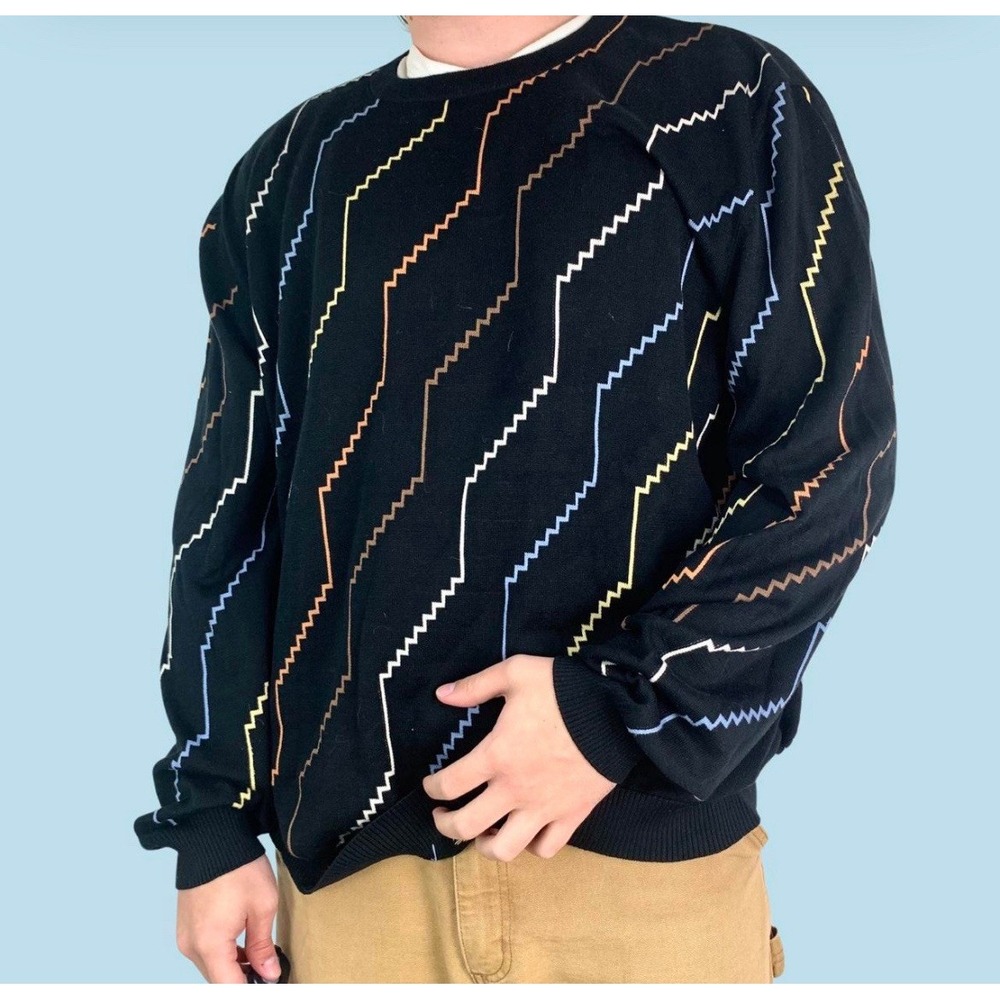 Tundra Vtg Sweater Mens XL Black Silk Zigzag Knit Coogi Style Retro Indie Artsy